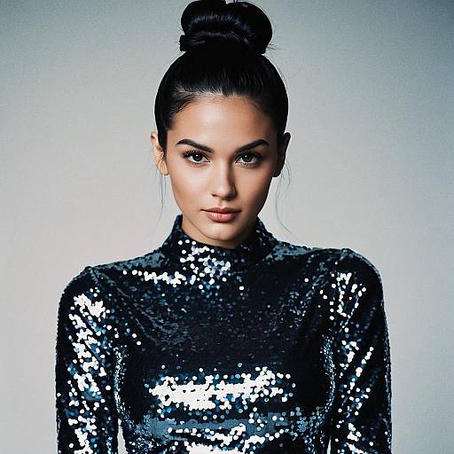 Woman in Black Sequin Dress with Hair Bun
