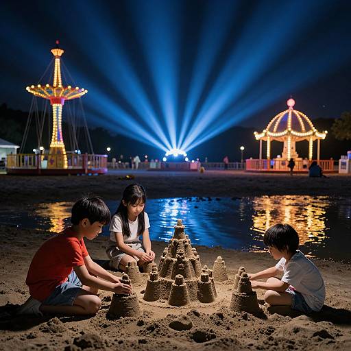 Three children building sandcastles at night by a water reflection, with colorful amusement rides and blue spotlights in the background. Photograph.