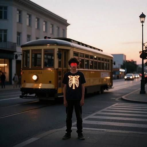 Boy with Glowing Skeleton Shirt and Red Eyes Standing Near Vintage Tram