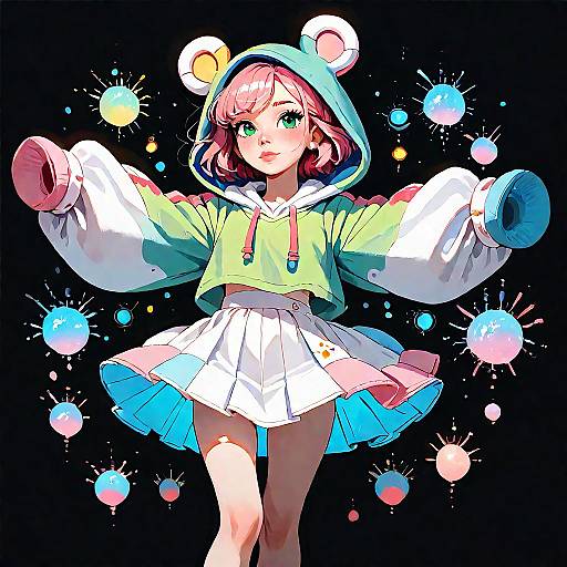 Digital anime-style drawing of a pink-haired girl with green eyes, wearing a bear-hoodie and white skirt, surrounded by colorful glowing orbs.