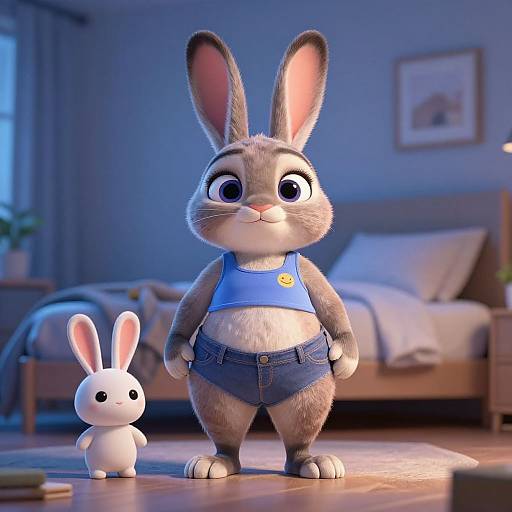 CGI image of a chubby gray bunny in a blue tank top and denim shorts standing beside a small white bunny in a cozy bedroom with a bed and