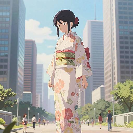 Anime-style digital illustration of a young woman in a floral kimono, standing in a sunny urban park with tall buildings.