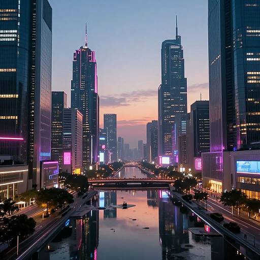 Photograph of a futuristic cityscape at dusk, featuring neon-lit skyscrapers, a reflective river, and vibrant blue, pink, and orange