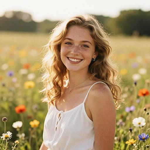 Smiling Woman in Sunlit Wildflower Meadow