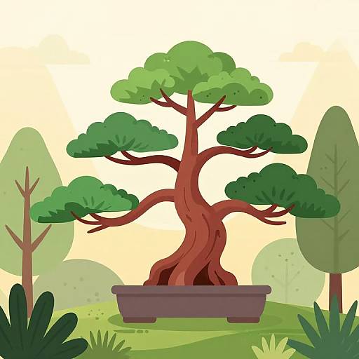 Digital illustration of a bonsai tree with a twisted red trunk, green foliage, in a purple pot, set in a colorful, stylized garden with