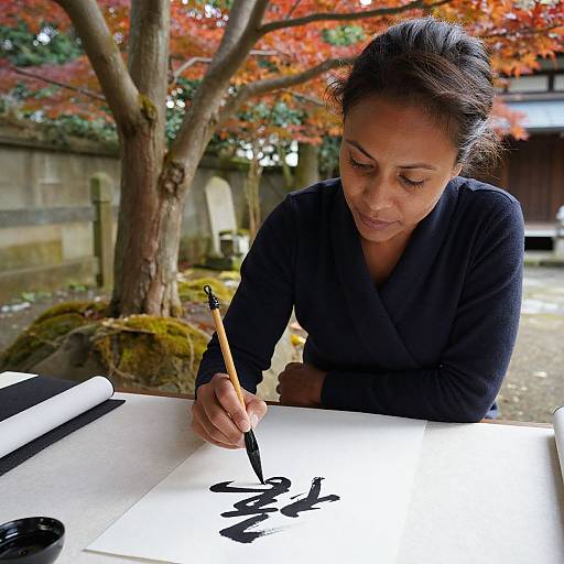 Photograph of an Asian woman with dark hair in a bun, wearing a black long-sleeve top, writing in a white paper with black ink