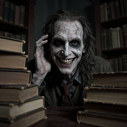 Photograph of a creepy Joker-like figure with white face paint, black makeup, and long dark hair, smiling maniacally between stacks of old books