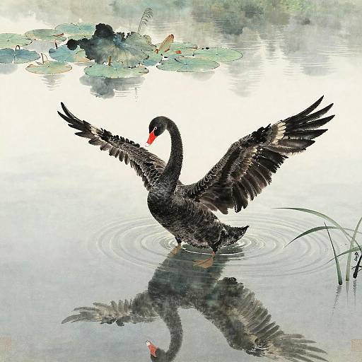 Chinese Brush Painting of Black Swan