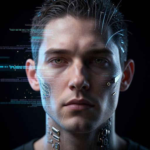 Photorealistic digital image of a young man with short dark hair, blue glowing circuit lines on his face, and a metal collar, against a black
