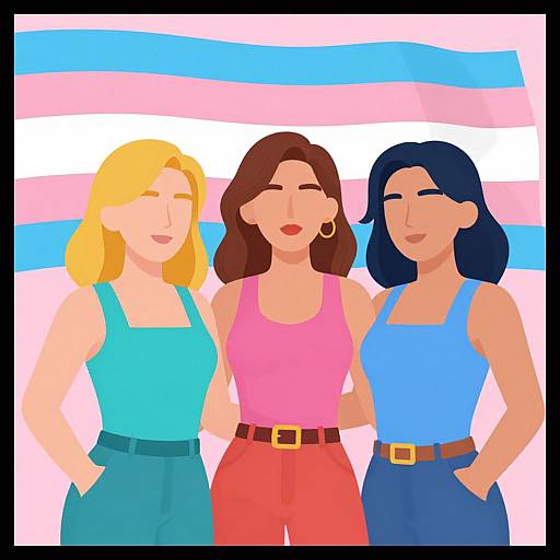 Digital illustration of three women with diverse hair colors and styles, wearing tank tops and high-waisted pants, standing against a pastel rainbow background,