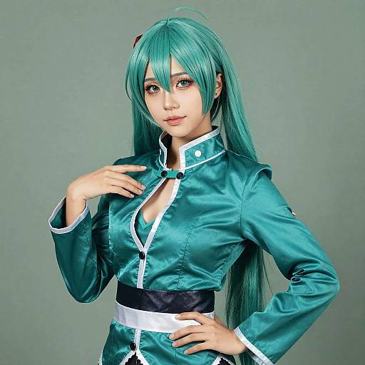 Confident Woman in Teal Cosplay Fashion