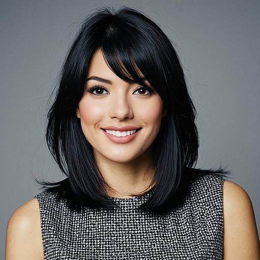 Smiling woman with black hair in sleeveless top