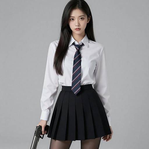 Photorealistic Woman in School Uniform With Gun