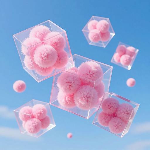 Floating Transparent Cubes with Pink Spheres