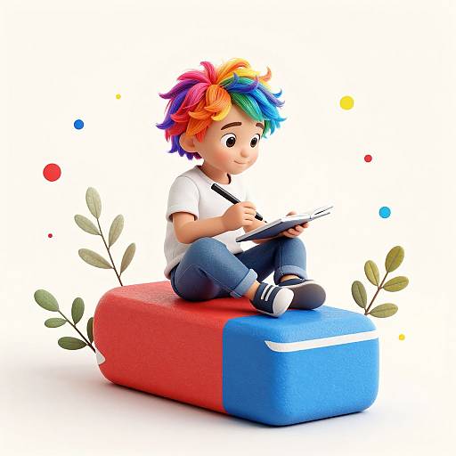 CGI image of a cute, young boy with rainbow hair, writing on a tablet, sitting on a red and blue rectangular cushion, with colorful dots