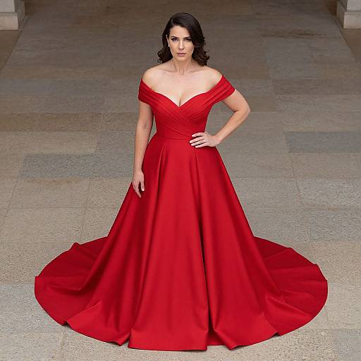 Photograph of a fair-skinned woman with dark curly hair, wearing an off-the-shoulder, red, floor-length gown with a wide skirt