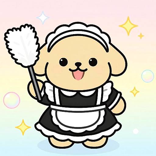 Cute cartoon dog in black and white maid outfit holding a duster, smiling with tongue out, yellow background with sparkles.
