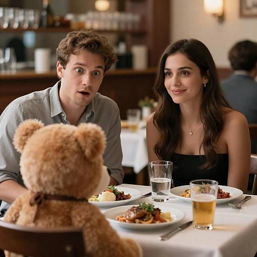 Cozy Restaurant Scene with Surprised Couple