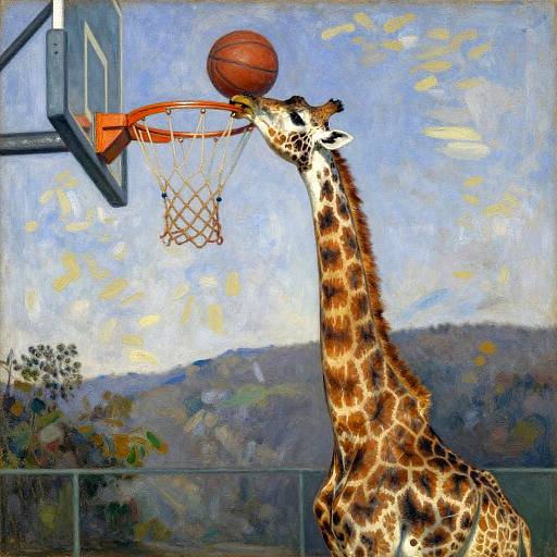 Renoir-style Giraffe Dunking a Basketball