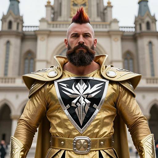 Man in Golden Costume with Mohawk and Shield