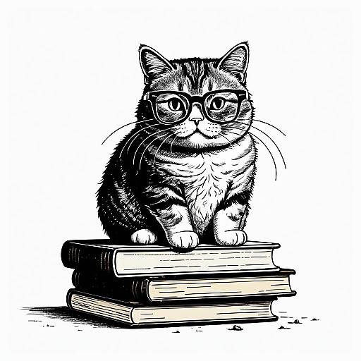 Chubby Cat with Glasses on Old Books