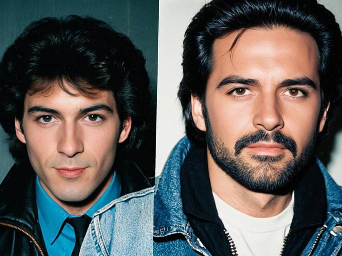 Photograph of two men with medium-length dark hair; left: younger, blue shirt, black jacket; right: older, white shirt, blue jacket