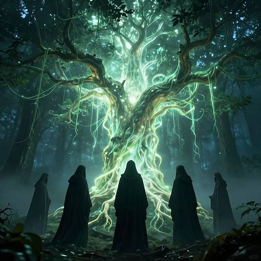 Mystical Cloaked Figures by Glowing Tree