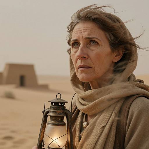 Photograph of a middle-aged woman with weathered face, brown hair, and serious expression, holding a lantern in a desert with adobe huts