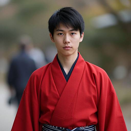 Photograph of a young Asian man with short black hair, wearing a vibrant red kimono with a black obi, standing outdoors with a blurred background