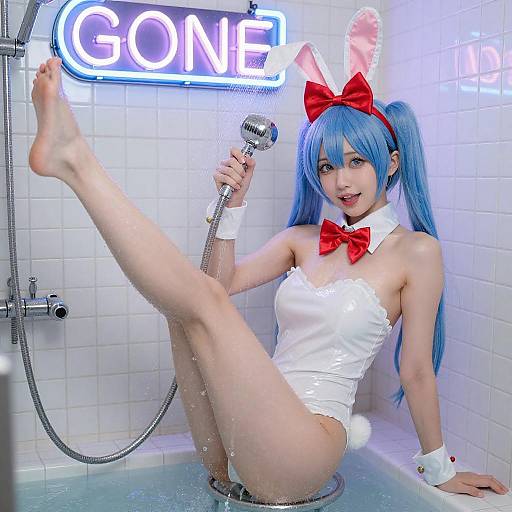 Playful Anime Girl in Neon Shower