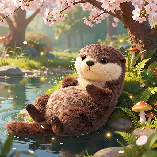 Cute CGI otter with fluffy brown fur lounges in a serene pond, surrounded by cherry blossoms, mushrooms, and sunlight.