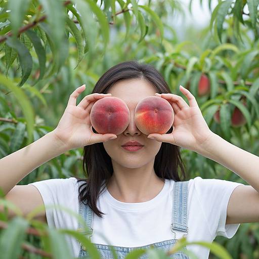 Asian woman with black hair, white shirt, and denim overalls holding two red peaches in front of her eyes, standing in a lush green peach