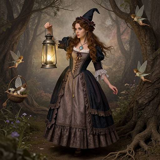 Photograph-style digital art: Enchanted forest, Victorian witch with dark dress, lantern, fairies, lush trees, misty background, orn