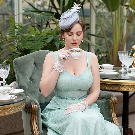 Photorealistic image of a fair-skinned woman with brown hair in a light blue, vintage dress and lace gloves, seated in a green armchair