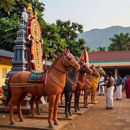 Photograph of four ornately decorated brown horses in a row, standing beside a colorful, intricate temple pillar in a tropical village.