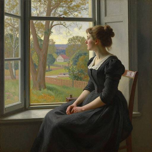 Photorealistic painting of a fair-skinned woman in a black Victorian dress, sitting by an open window, gazing at a picturesque autumn countryside.
