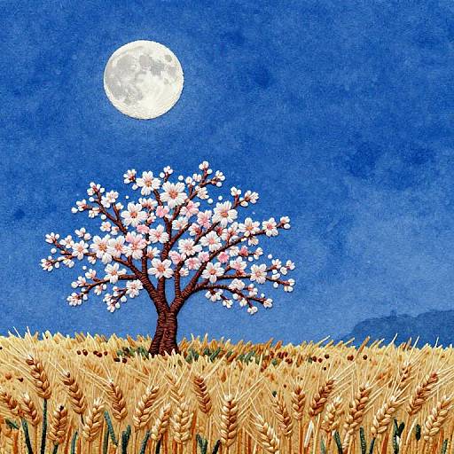 Cherry Tree Embroidery Under Blue Moon