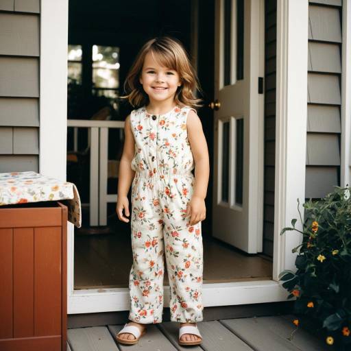 Smiling Toddler Girl in Floral Jumpsuit on Porch