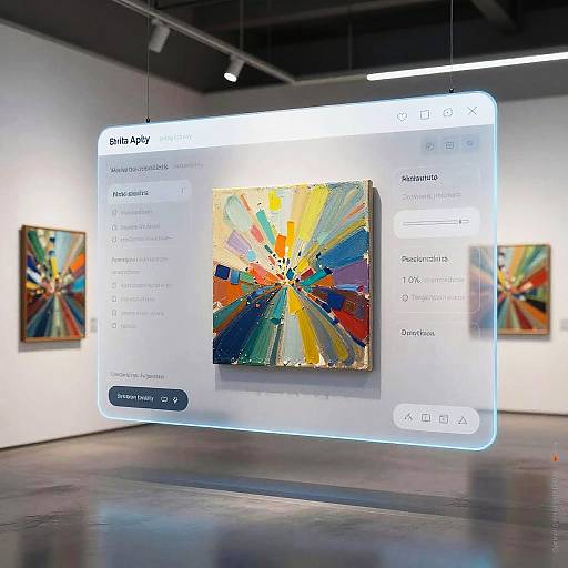 Digital art gallery display: Bright, abstract painting in center, illuminated by a glowing, white, touchscreen interface with options above.