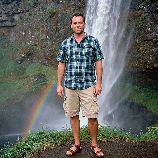 Photograph of a smiling Caucasian man with short brown hair, wearing a blue plaid shirt, beige cargo shorts, and brown sandals, standing in front