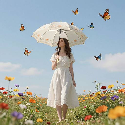 Photograph of a young woman in a white dress, holding a floral umbrella, surrounded by colorful butterflies and vibrant wildflowers under a clear blue sky.