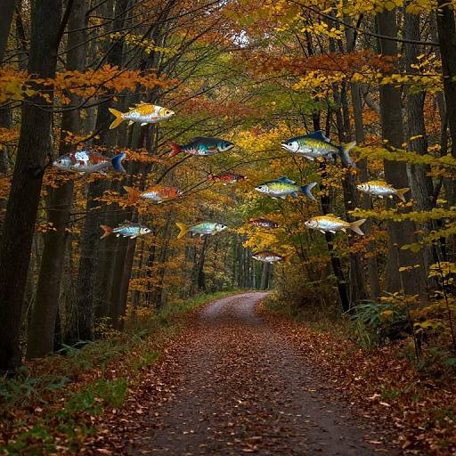 Photograph of a winding forest path covered in autumn leaves, with vibrant orange and yellow leaves overhead and colorful, glowing fish-shaped lights hanging from the trees