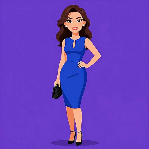 Cartoon-style illustration of a confident woman with wavy brown hair, wearing a blue sleeveless dress, black heels, and clutch, standing against a