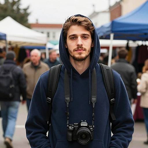 Photograph of a young, white male with brown hair and beard, wearing a navy hoodie and black backpack with a Canon camera, standing in a busy