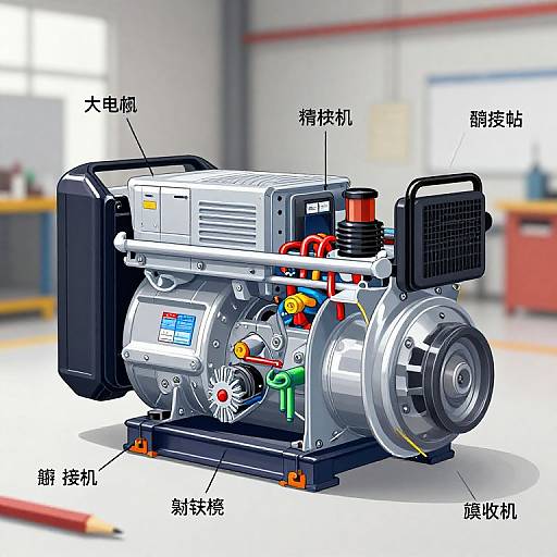 Digital illustration of a detailed, labeled industrial air compressor with Chinese text, showcasing components like the motor, fan, and valve.