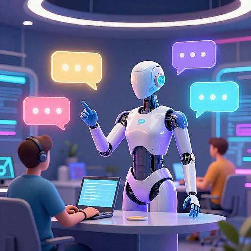 Photorealistic CGI of a white humanoid robot with blue eye, gesturing with index finger, in a neon-lit tech office, surrounded by glowing