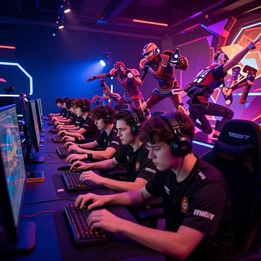 Photograph of a team of young male gamers, wearing black jerseys and headphones, intensely focused on their computer screens in a vibrant, neon-lit esports