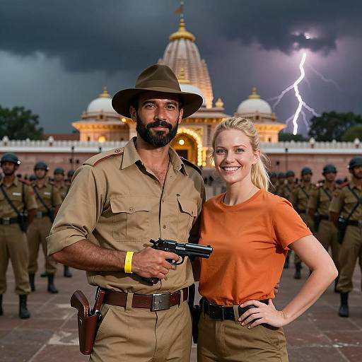 Smiling Couple in Front of Lit Temple with Lightning
