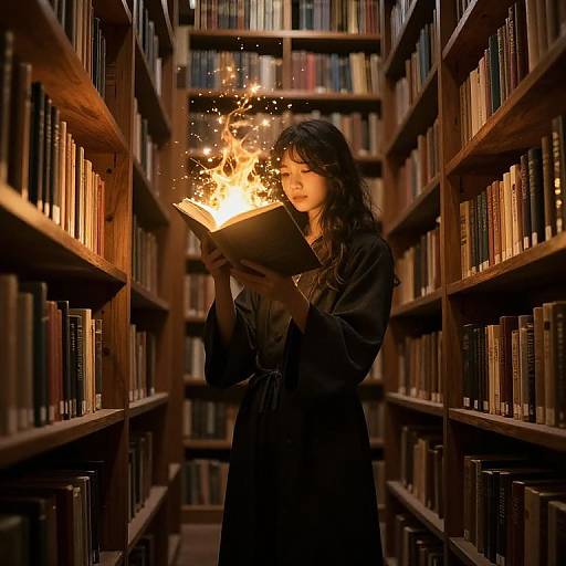 Photograph of a young woman with long black hair in a dark robe, conjuring fire from an open book in a dimly lit library aisle filled