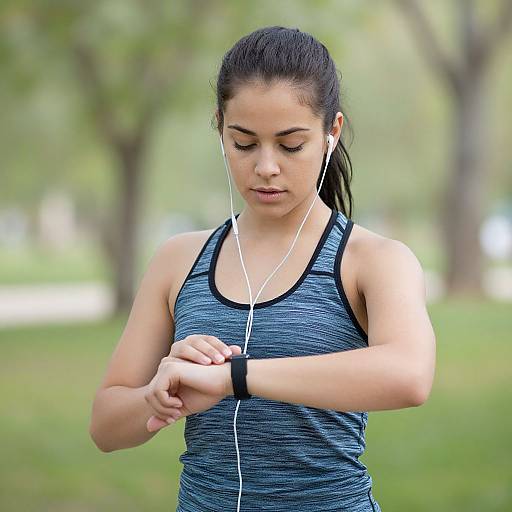 Photograph of a young woman with dark hair in a ponytail, wearing a blue athletic tank top and white earbuds, adjusting her wristwatch